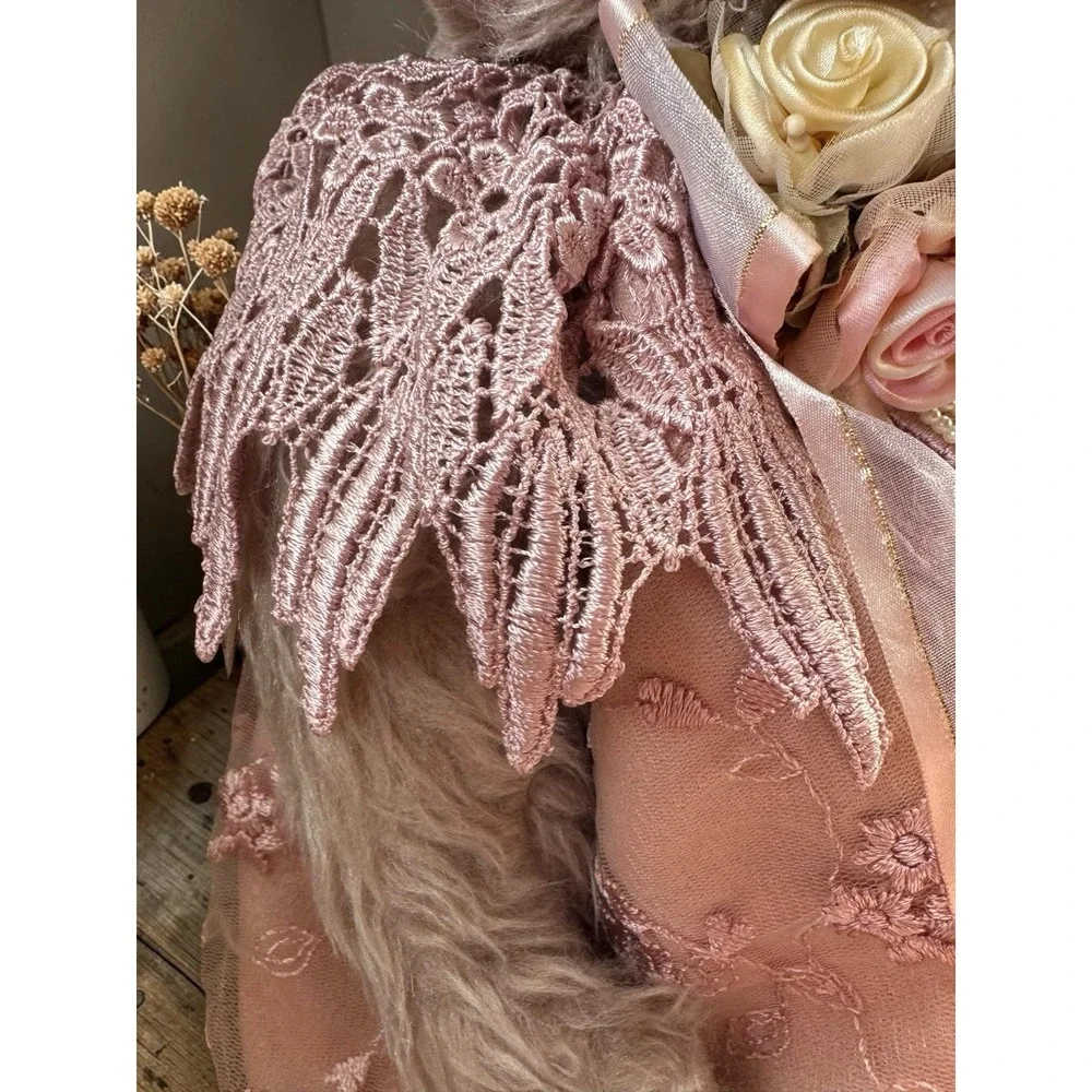 Vintage Plush Teddy Bear Doll W/Lace Dress & Floral Detail Cottagecore Aesthetic